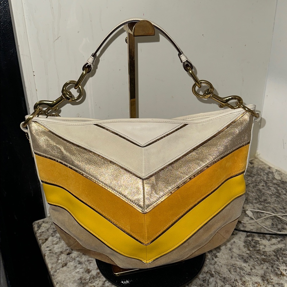 Coach Chevron Shoulder Bag in Cream, Gold, and Yellow. PRE-OWNED. Like new. - Picture 3 of 8